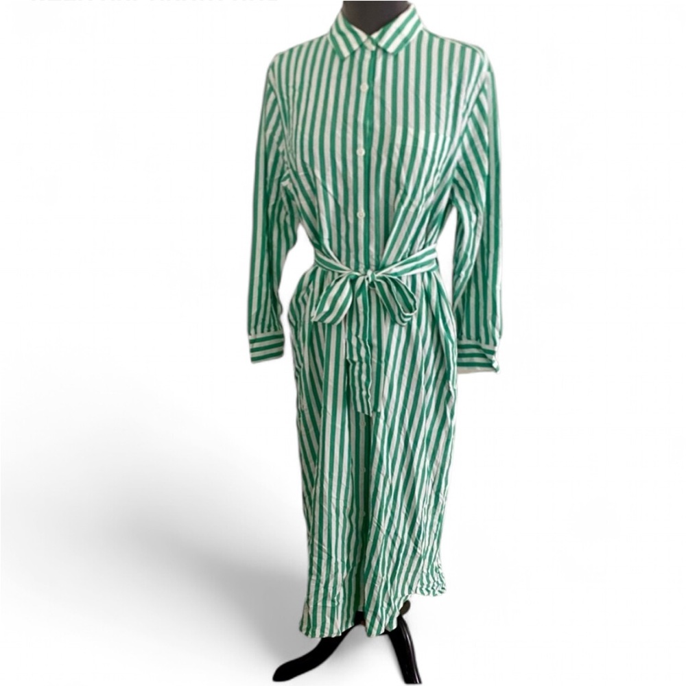 STORQ MATERNITY GREEN AND WHITE STRIPE MIDI BUTTON DOWN SHIRT DRESS WITH BELT XS